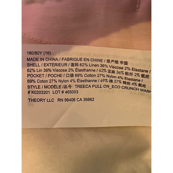 Theory pants Treeca Pull-On Good Linen cropped pink size 16 - Picture 7 of 8